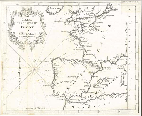 Mapa de las costas de España y Francia de 1742.